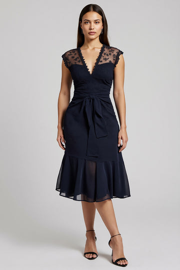 Navy A Line V-Neck Wedding Guest Dress with Ruffles